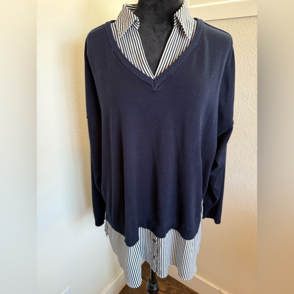 Adrianna Papell Navy and White Layered Blouse